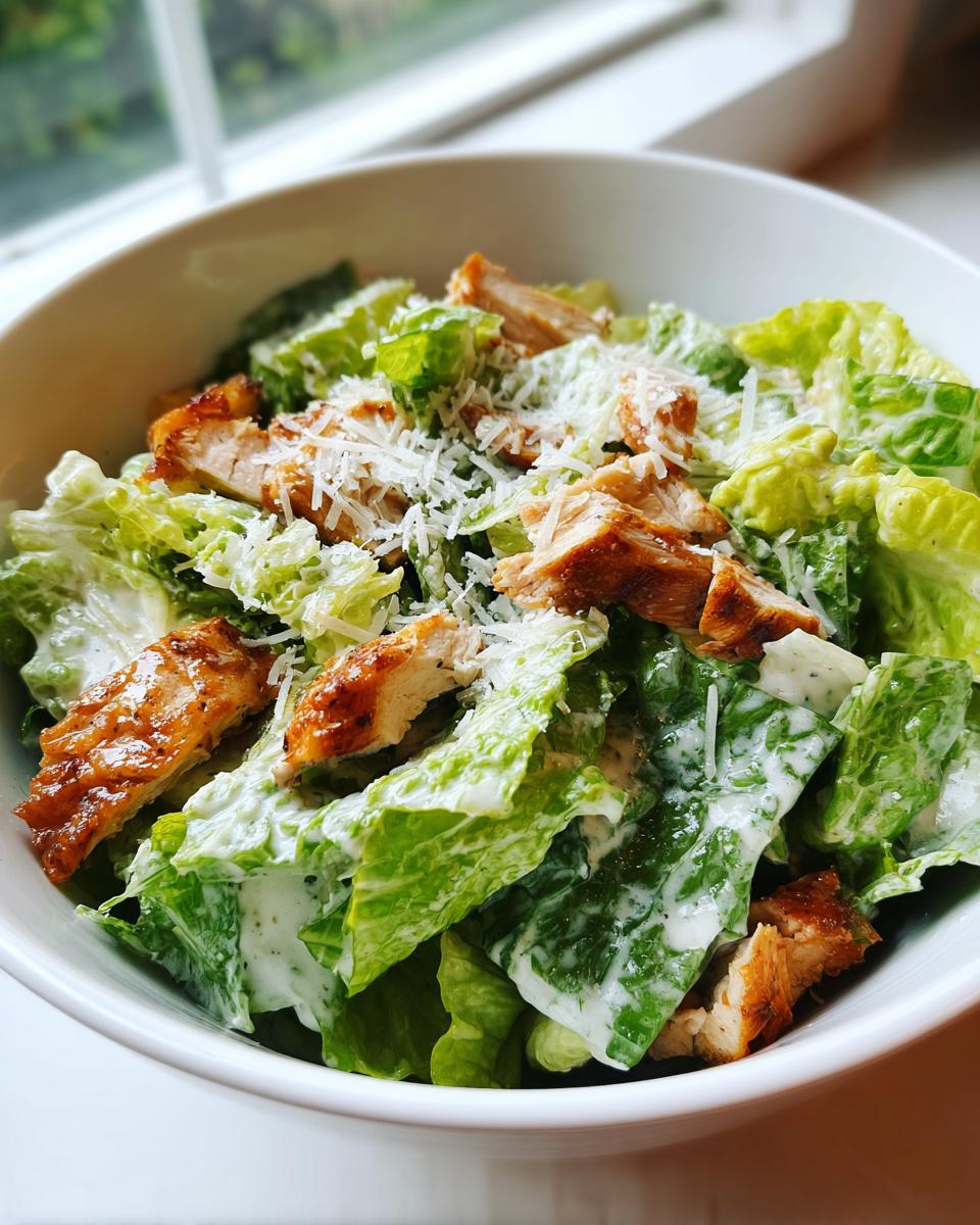 Ensalada César con pollo, lechuga fresca, queso rallado y aderezo cremoso en un tazón blanco