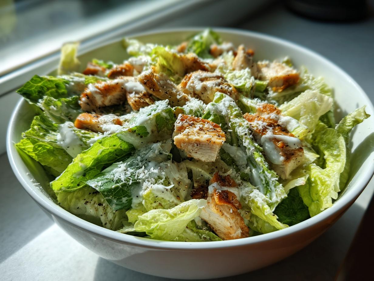 Ensalada César con pollo a la parrilla, lechuga y aderezo cremoso en un bol blanco