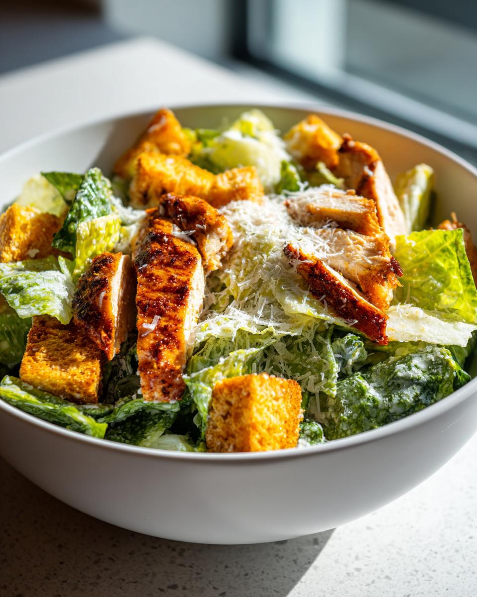 Ensalada César con lechuga, pollo a la parrilla, crutones y queso rallado en un bol blanco