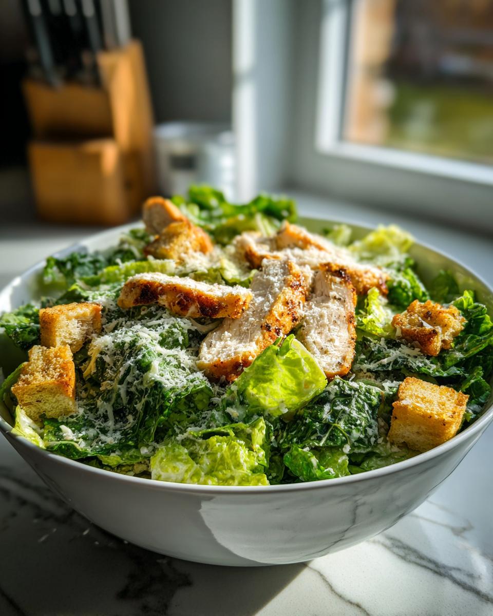 Ensalada César con pollo a la parrilla, lechuga, crutones y queso rallado en un bol blanco