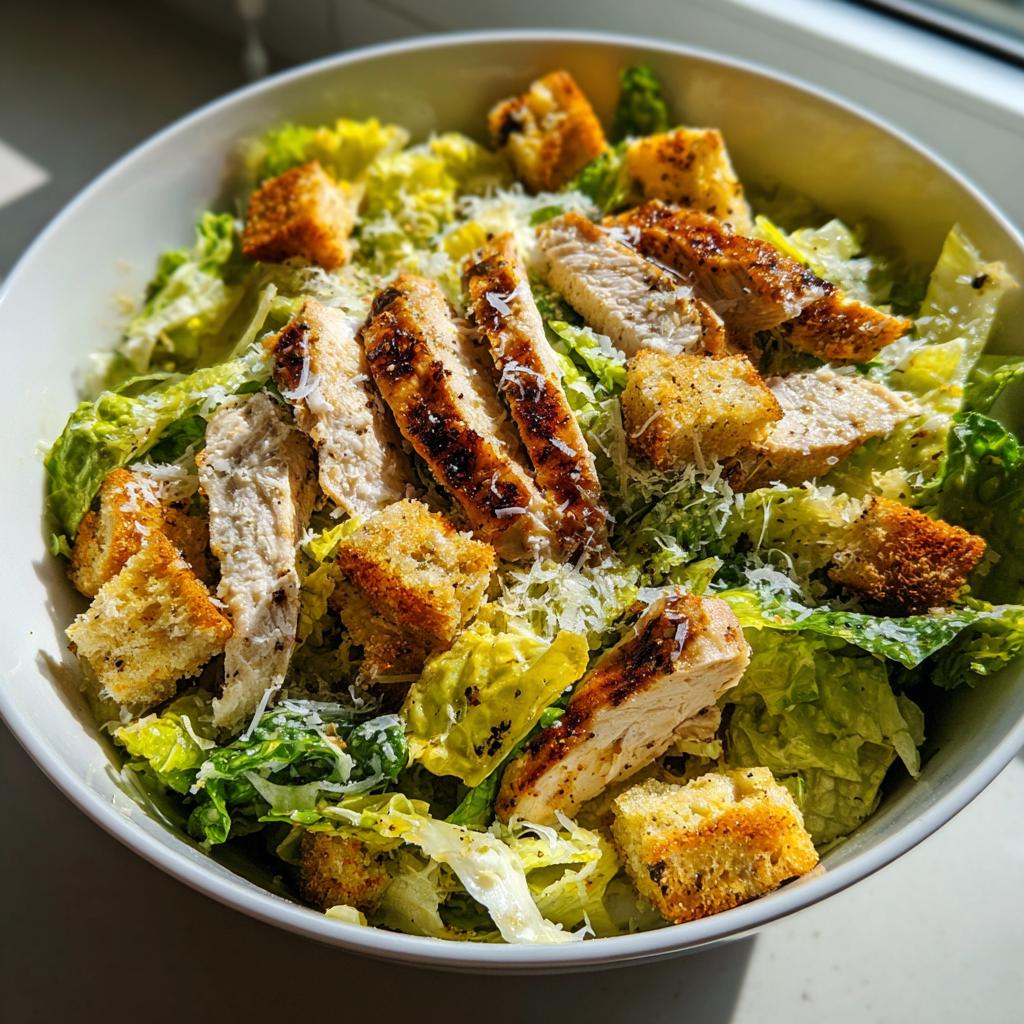 Ensalada César con pollo a la parrilla, lechuga fresca y crutones dorados en un bol blanco.