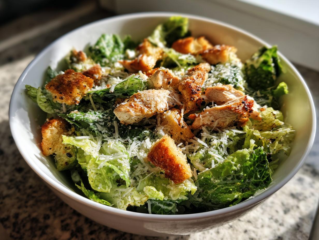 Ensalada César con pollo, crutones y queso rallado en un tazón blanco, receta para invitados faciles y elegantes