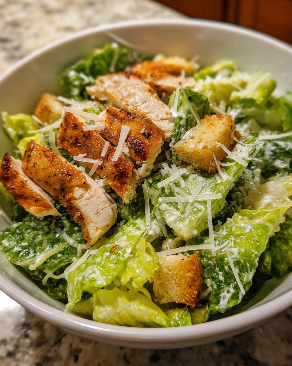 Ensalada César con pollo a la parrilla, lechuga, crutones y queso rallado en un bol blanco.