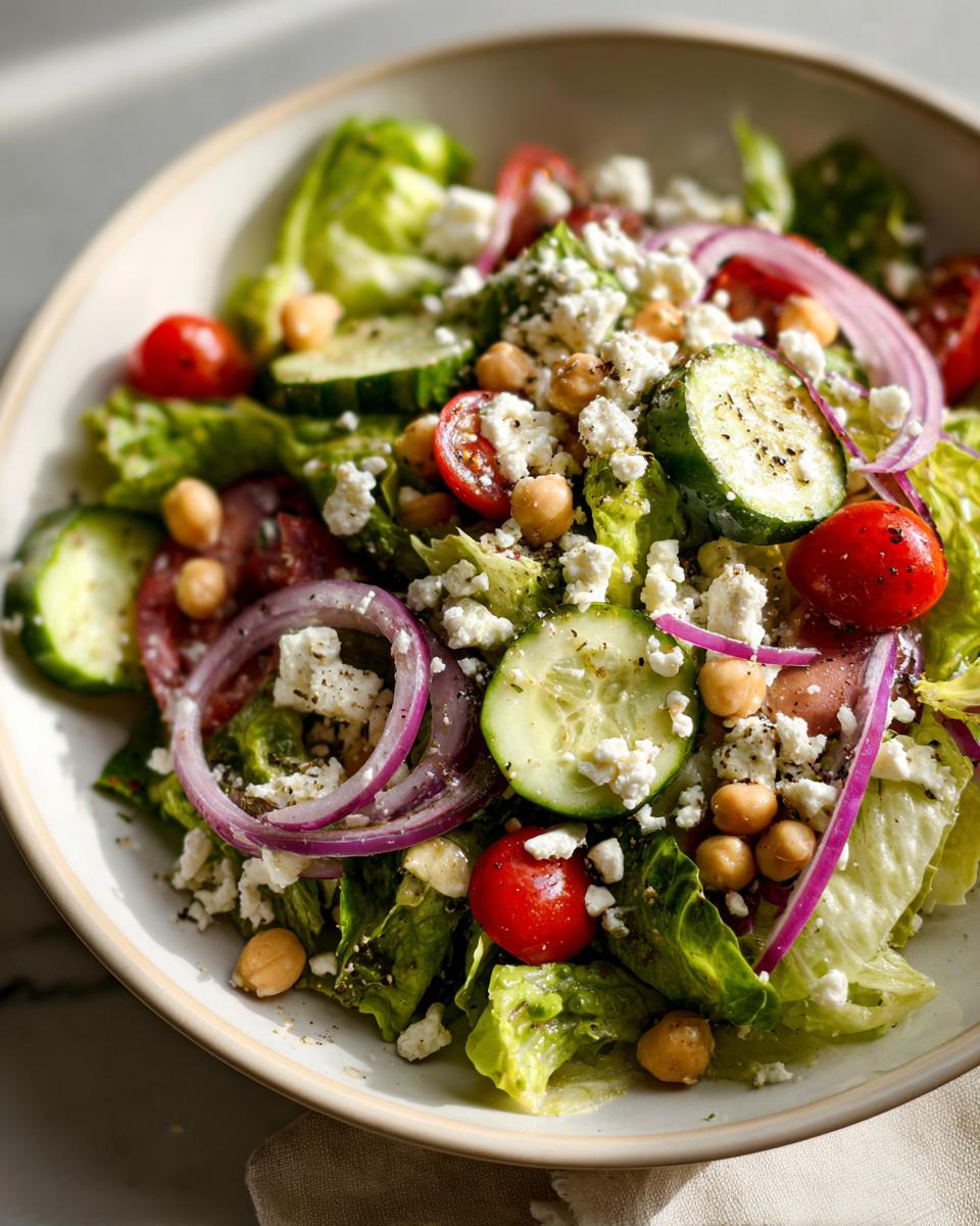 Ensalada completa para cenar con lechuga, tomate cherry, pepino, cebolla morada, garbanzos y queso feta