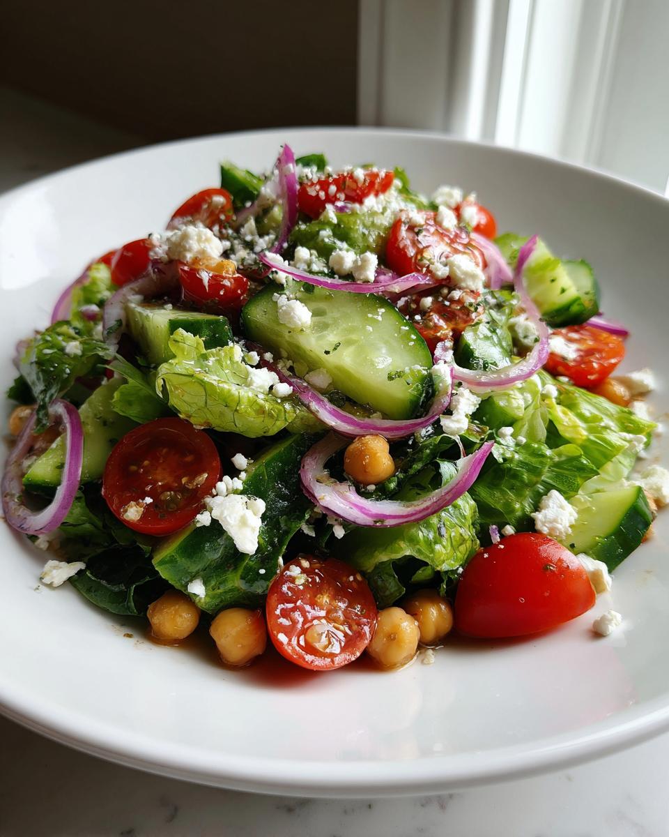 Ensalada completa para cenar con lechuga, tomate cherry, pepino, cebolla roja, garbanzos y queso feta