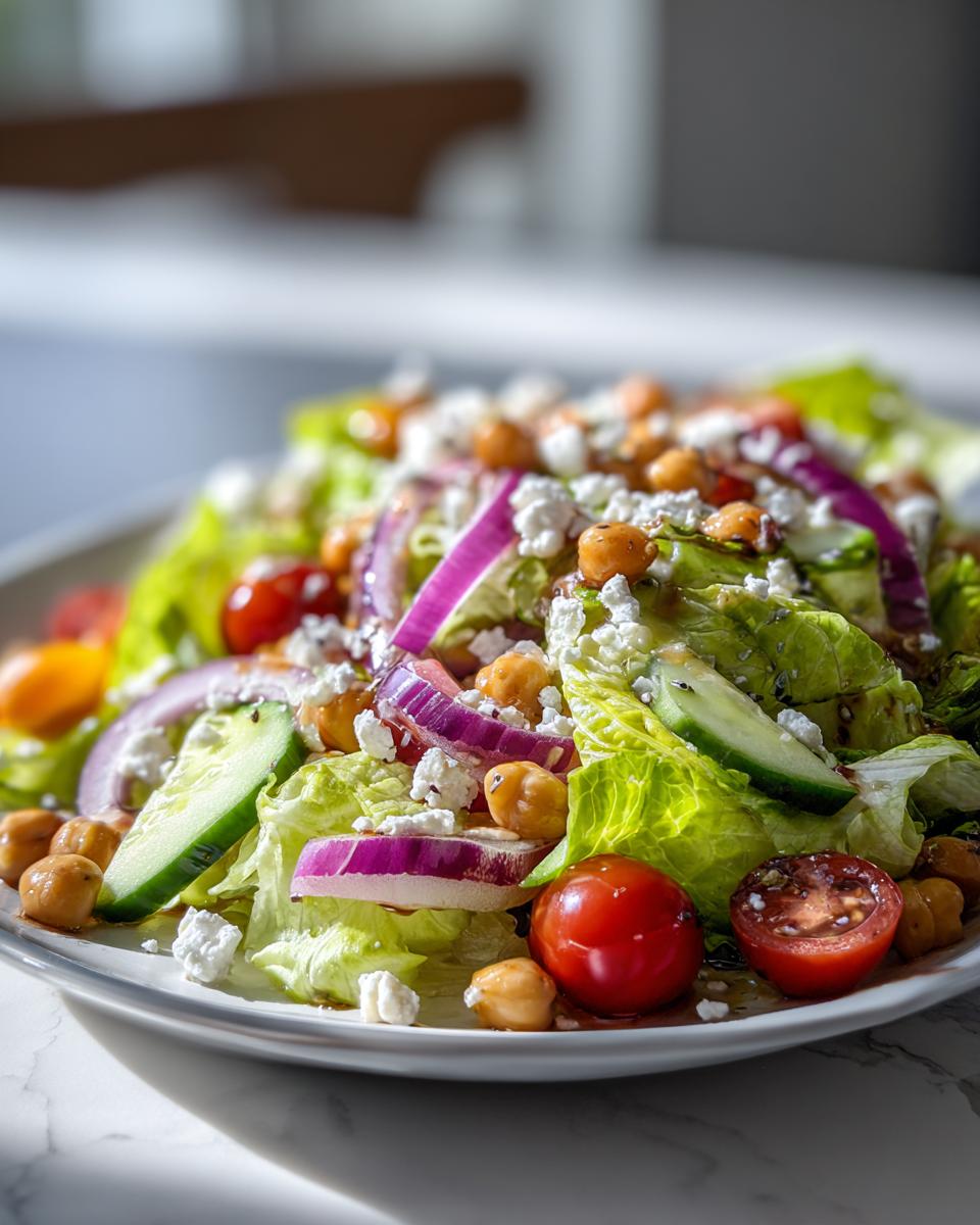 Plato con ensalada completa para cenar con lechuga, tomate cherry, cebolla morada, garbanzos y queso feta