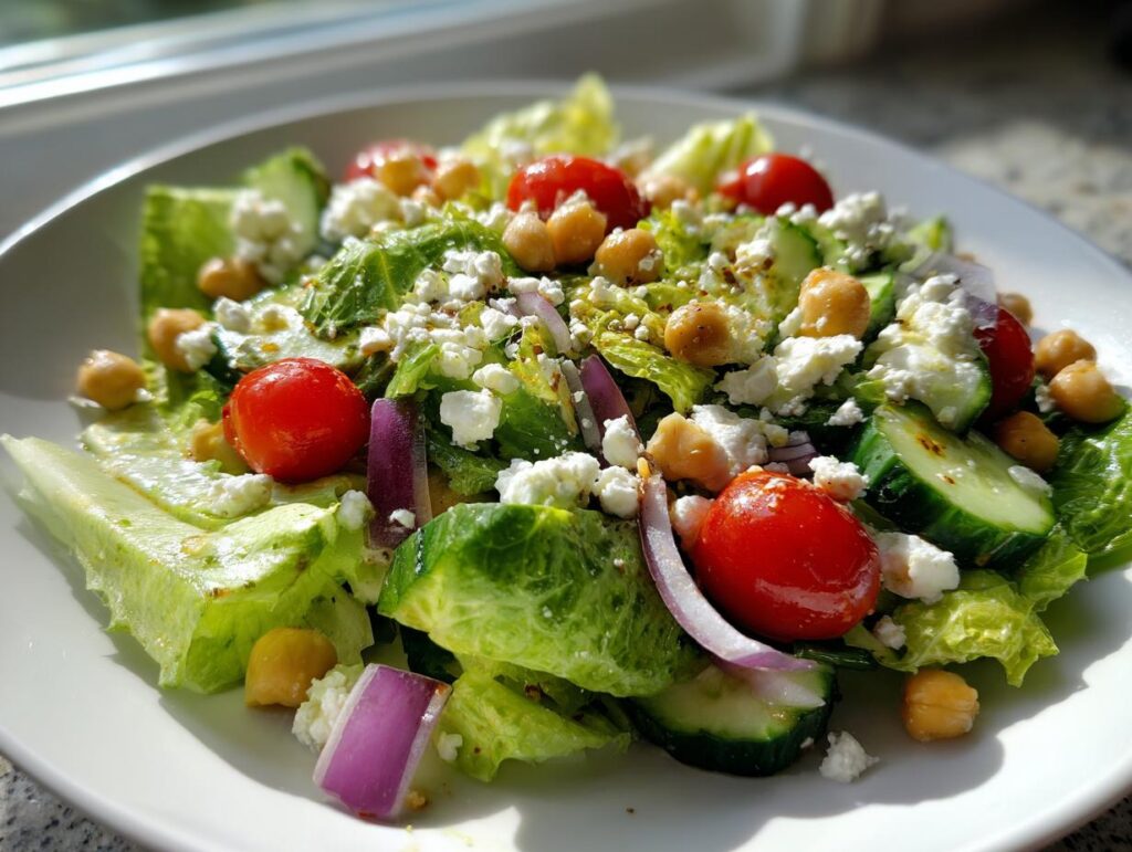 Ensalada completa para cenar con lechuga, tomates cherry, garbanzos, queso y cebolla morada