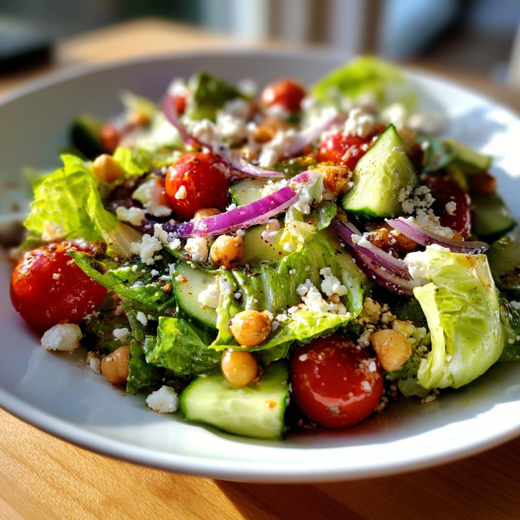 Ensalada completa para cenar con lechuga, tomate cherry, pepino, cebolla morada y queso feta