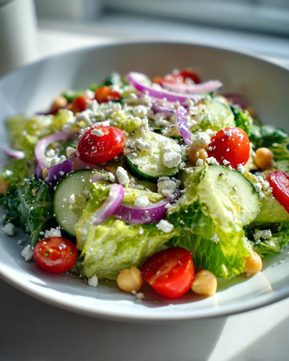 Ensalada completa para cenar con lechuga, tomate cherry, pepino, cebolla morada y queso fresco.