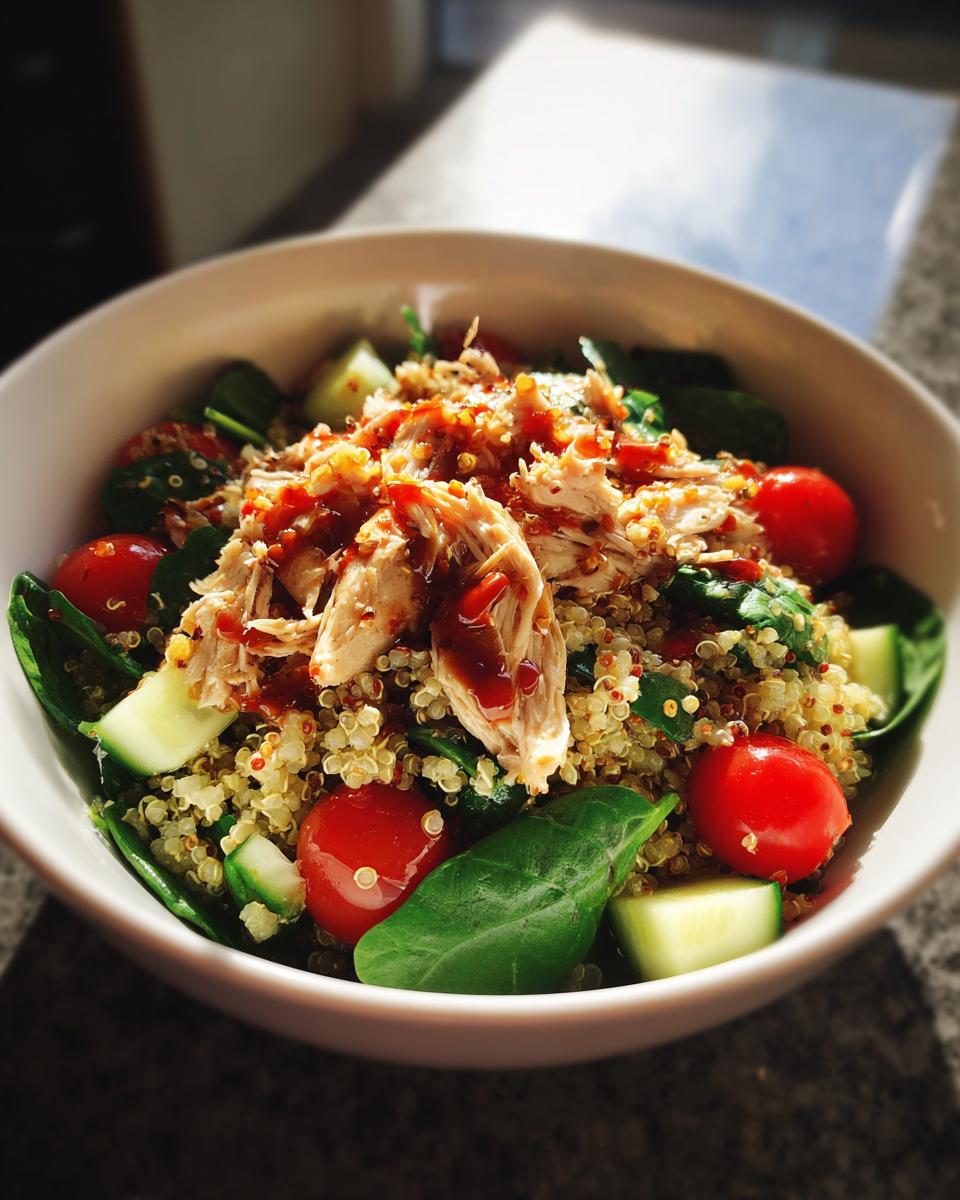 Ensalada fit con quinoa, pollo desmenuzado, tomate cherry, espinaca y pepino en un tazón blanco