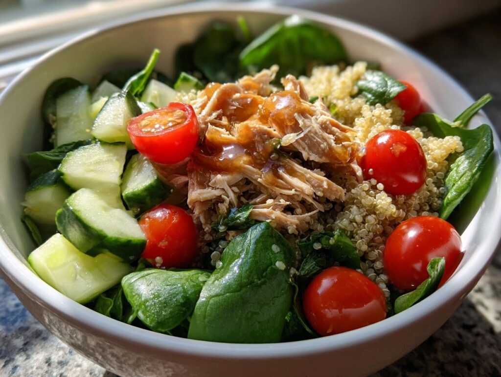 Ensalada fit con quinoa, pollo desmenuzado, espinacas, tomates cherry y pepino.