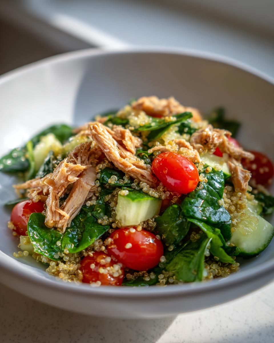 Ensalada fit con quinoa, pollo desmenuzado, espinacas, tomate cherry y pepino en un bol blanco