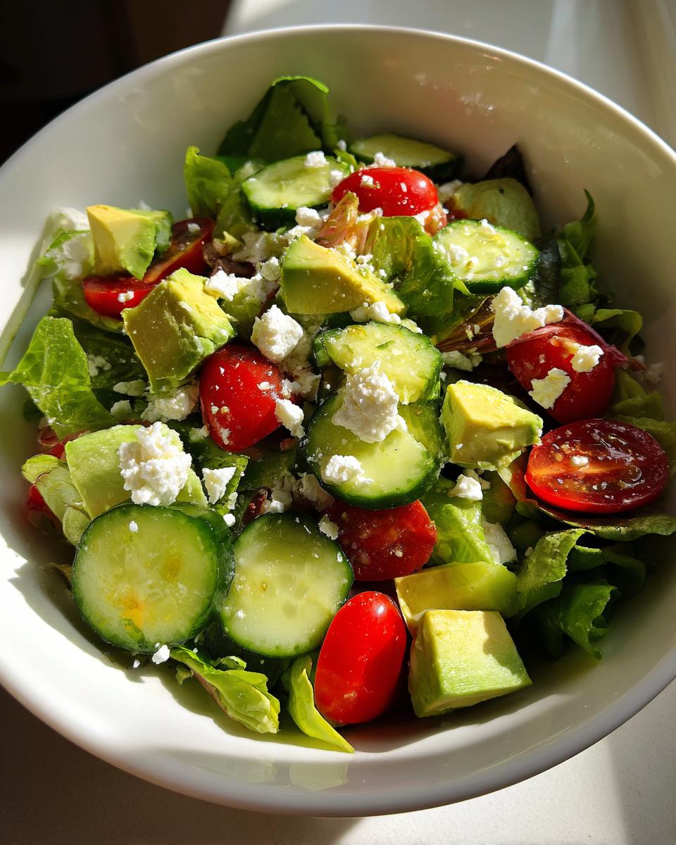 Ensalada fresca con aguacate, tomate cherry, pepino y queso en un bol blanco