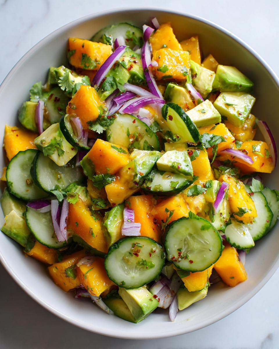 Ensalada con mango, aguacate, pepino, cebolla morada y cilantro en un bol blanco