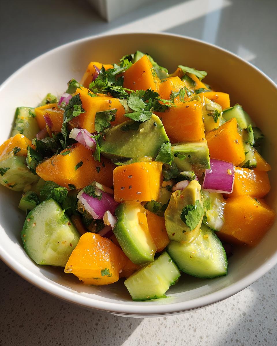 Ensalada con mango, pepino, cebolla morada y cilantro en un tazón blanco