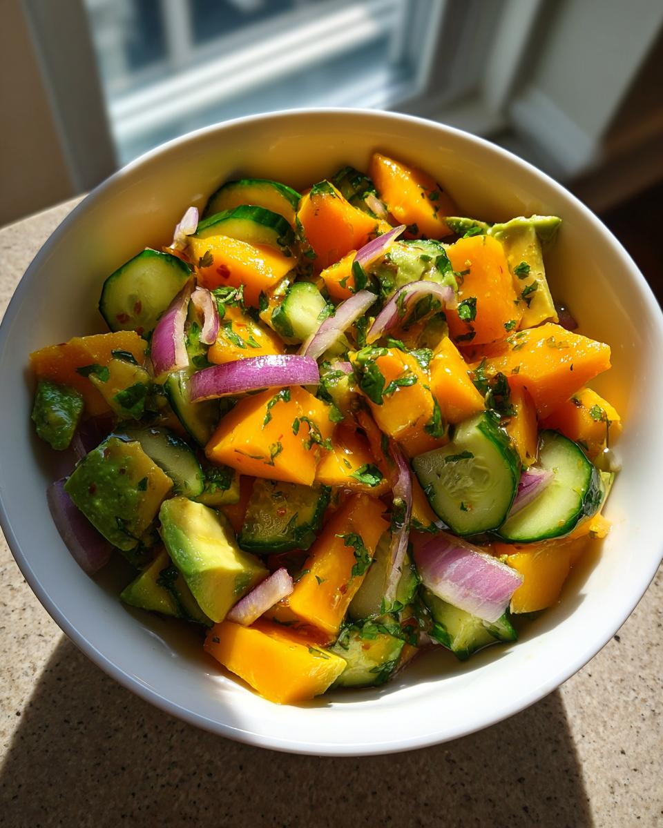 Ensalada con mango, pepino, cebolla morada y aguacate en un tazón blanco.