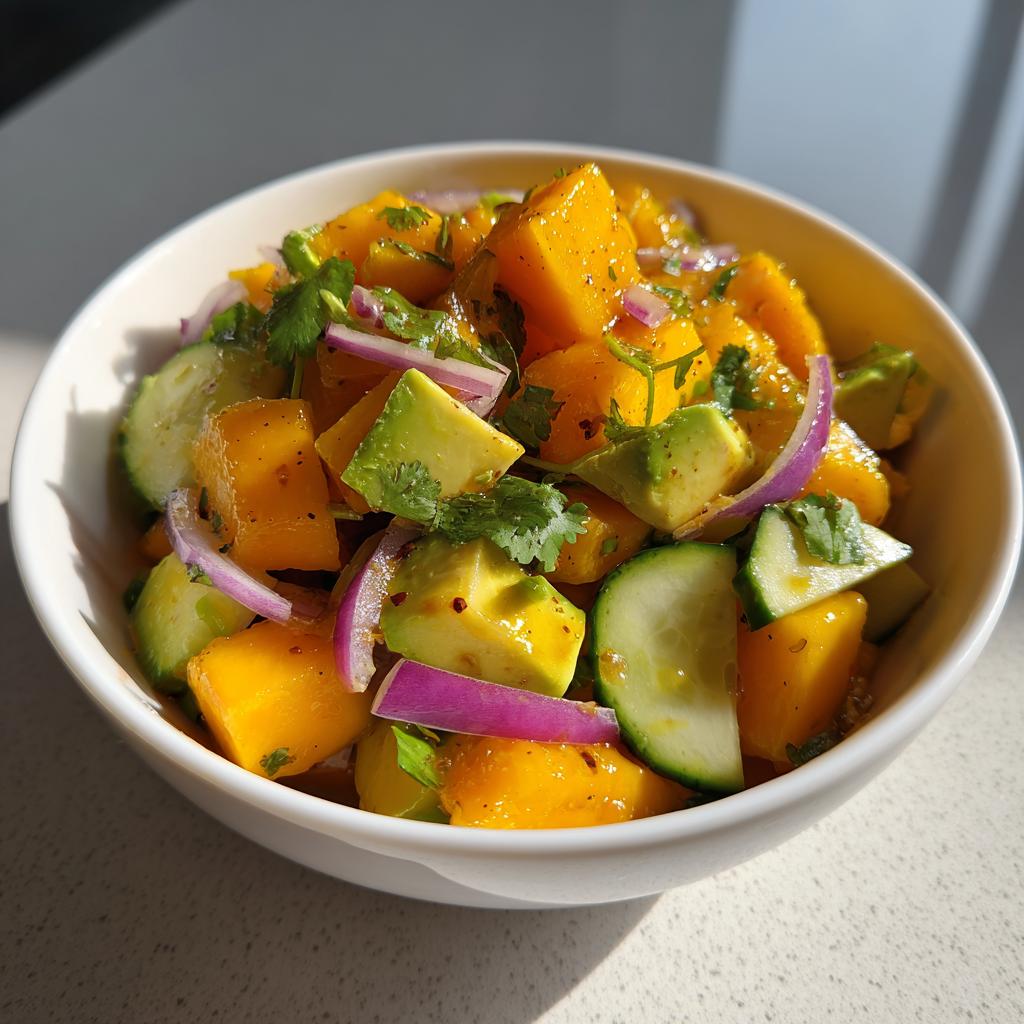 Ensalada fresca con mango, aguacate, pepino y cebolla morada en un bol blanco