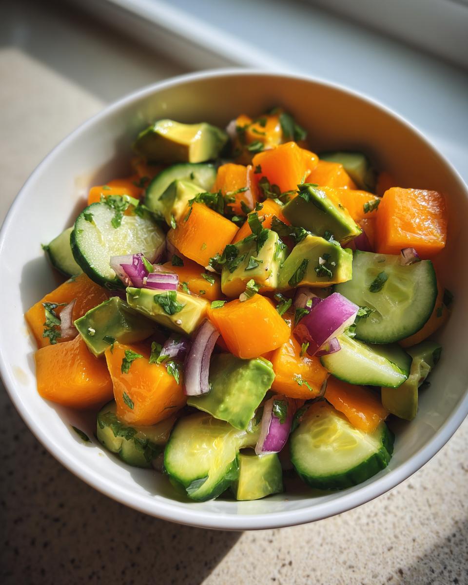 Ensalada colorida con mango, aguacate, pepino y cebolla morada en un bol blanco