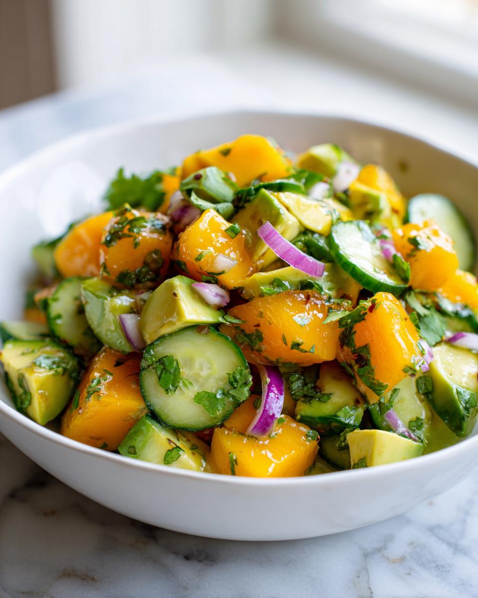 Ensalada colorida con mango, pepino, cebolla roja y cilantro en un bol blanco