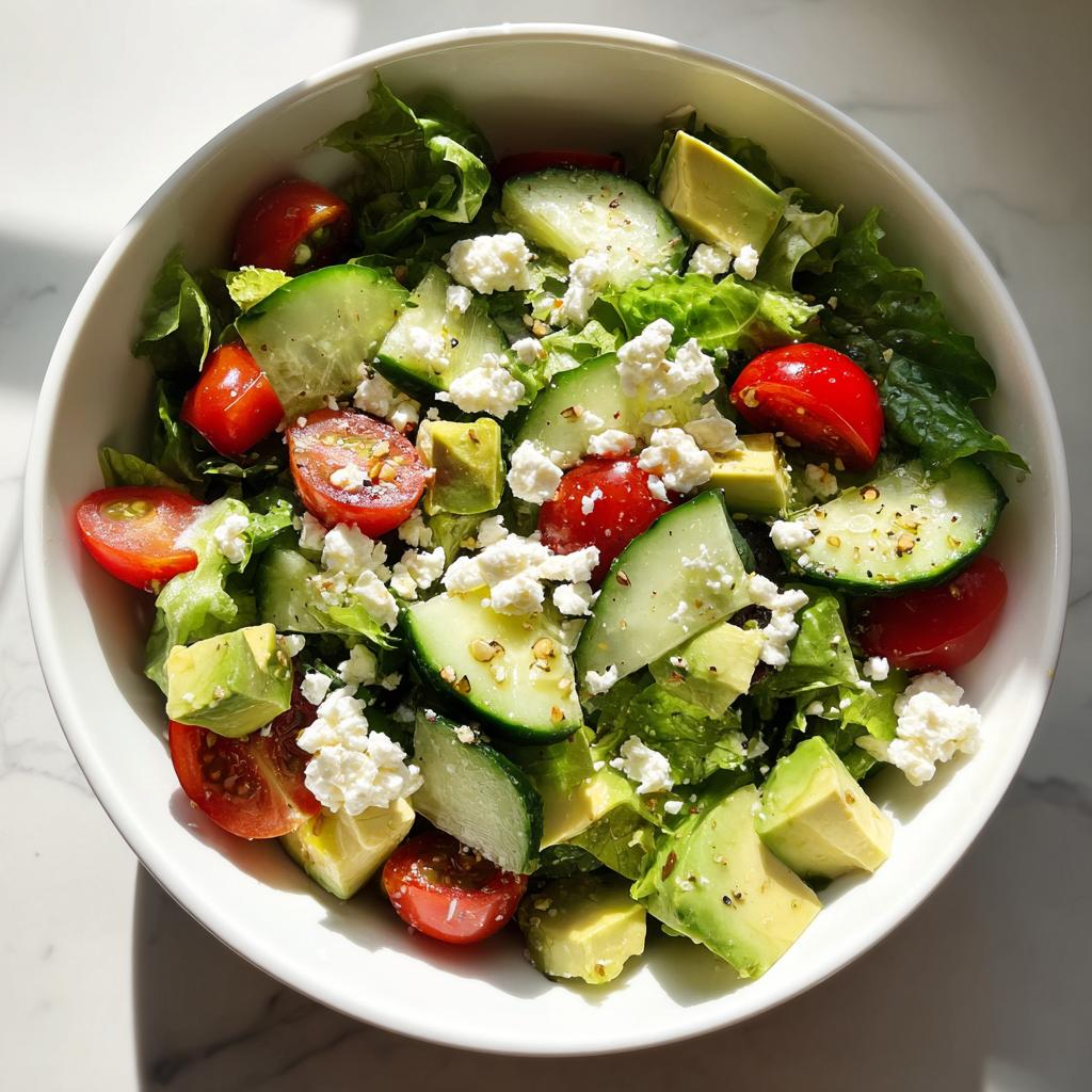 Ensalada fresca de primavera 2025 con lechuga, tomate cherry, pepino, aguacate y queso fresco en bol blanco