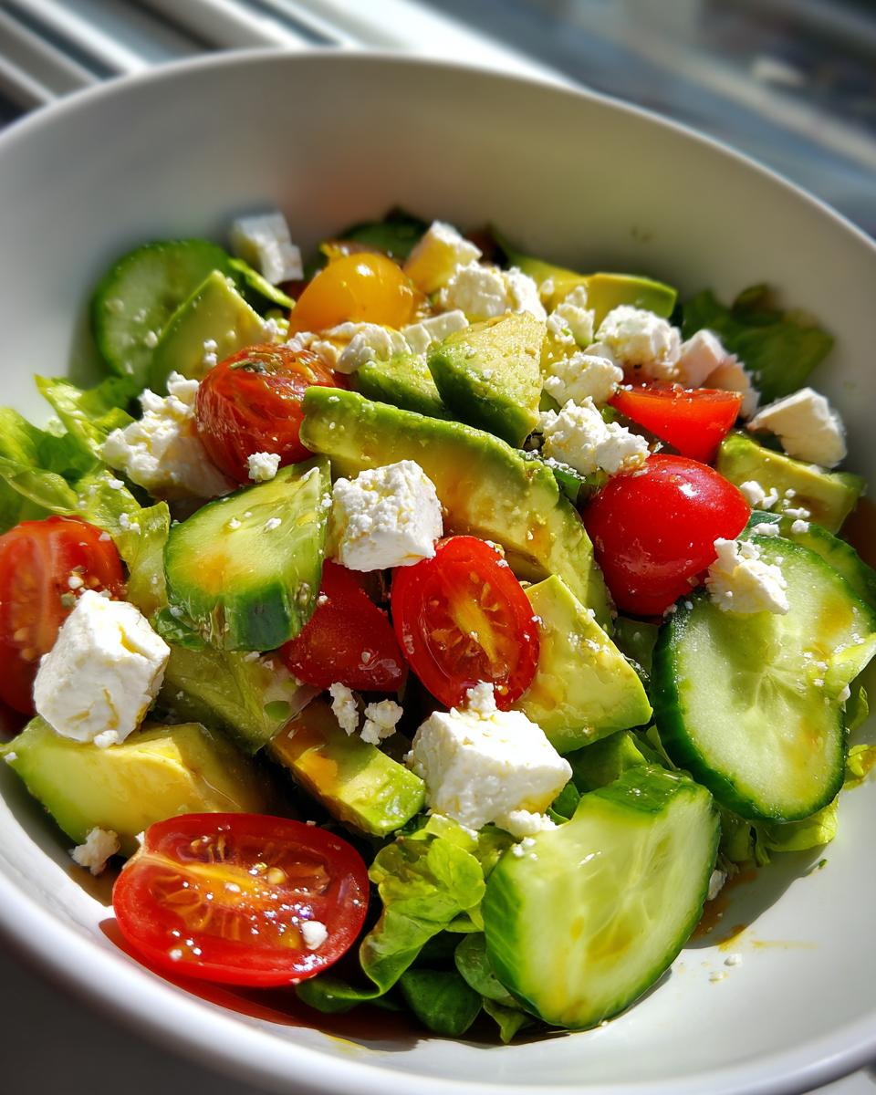 Ensalada fresca con aguacate, tomate cherry, pepino y queso feta en un bol blanco