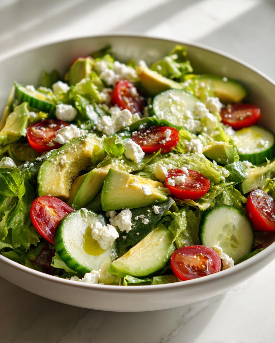 Ensalada fresca de primavera 2025 con aguacate, tomate cherry, pepino y queso en un bol blanco
