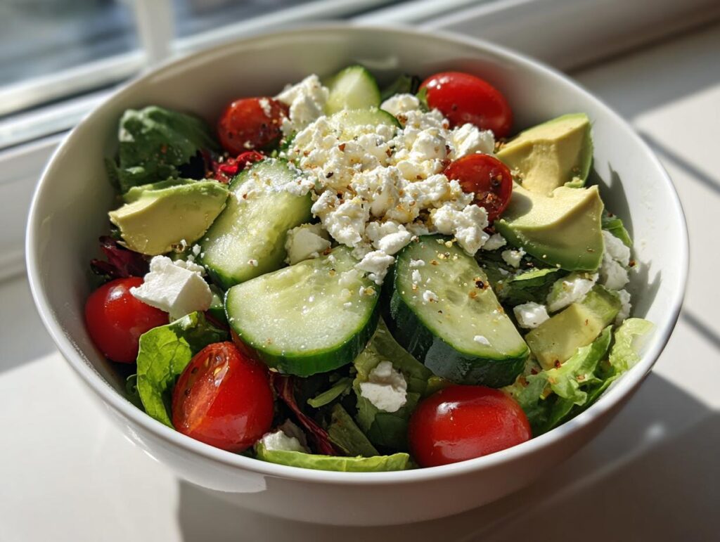 Ensalada fresca de primavera 2025 con pepino, tomate cherry, aguacate y queso en un bol blanco.