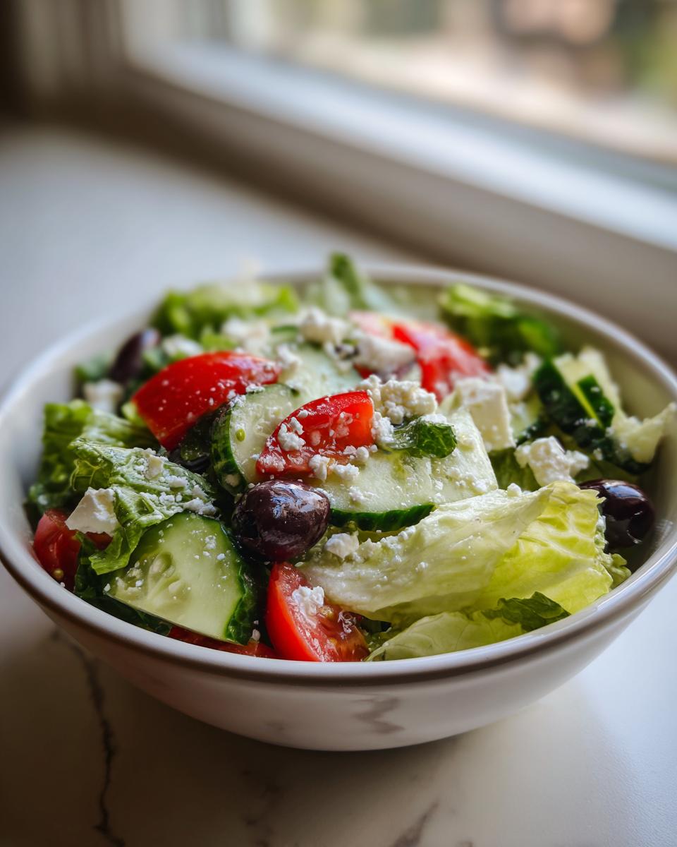 Ensalada mediterránea con tomate, pepino, aceitunas y queso feta en un tazón blanco