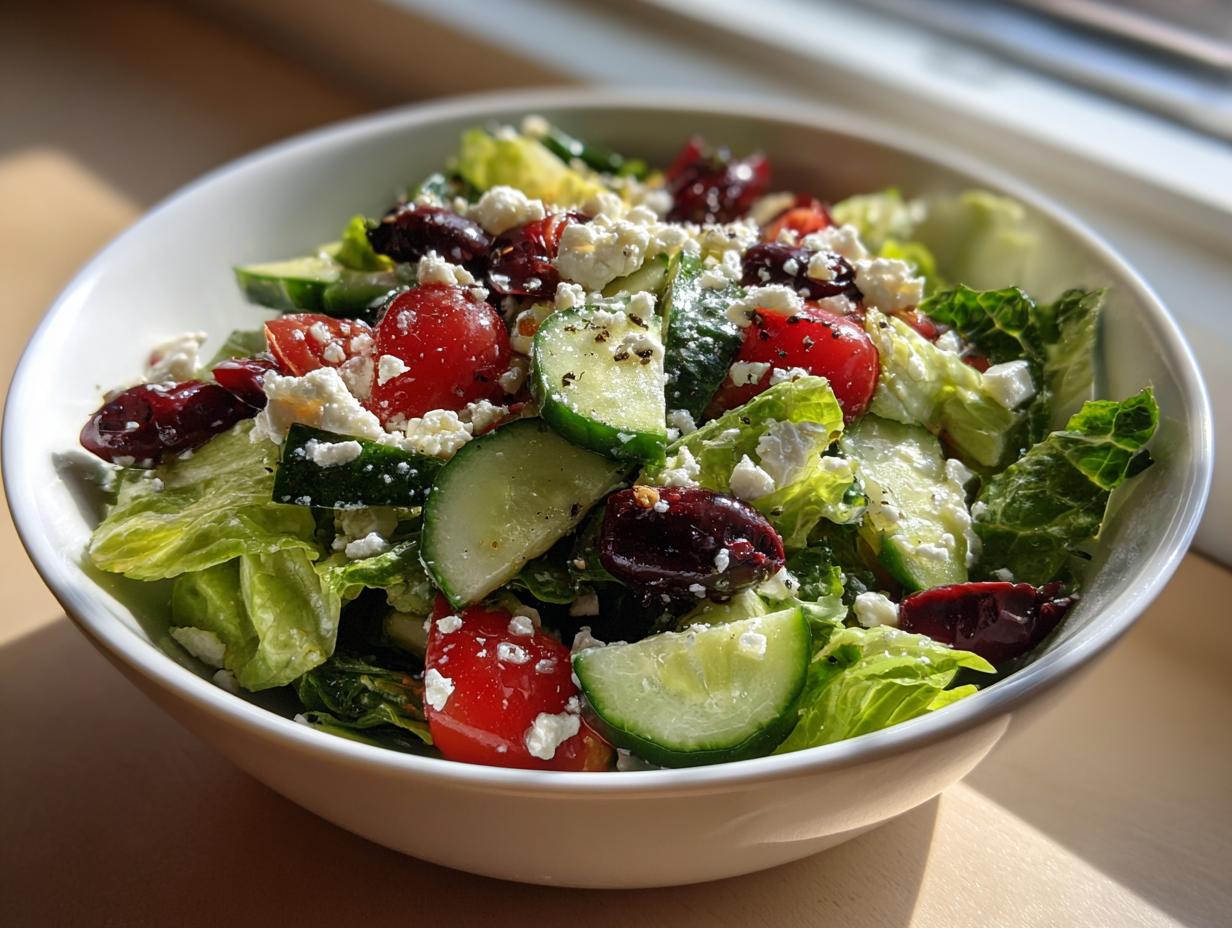 Ensalada mediterránea saludable con lechuga, pepino, tomate, aceitunas y queso en un bol blanco.