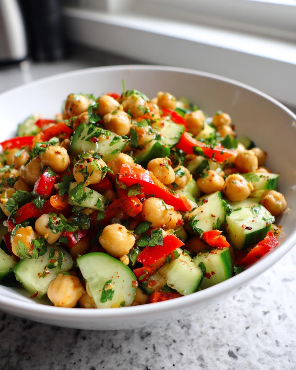 Ensalada de garbanzos saludables con pepino, pimiento rojo y hierbas en un bol blanco.