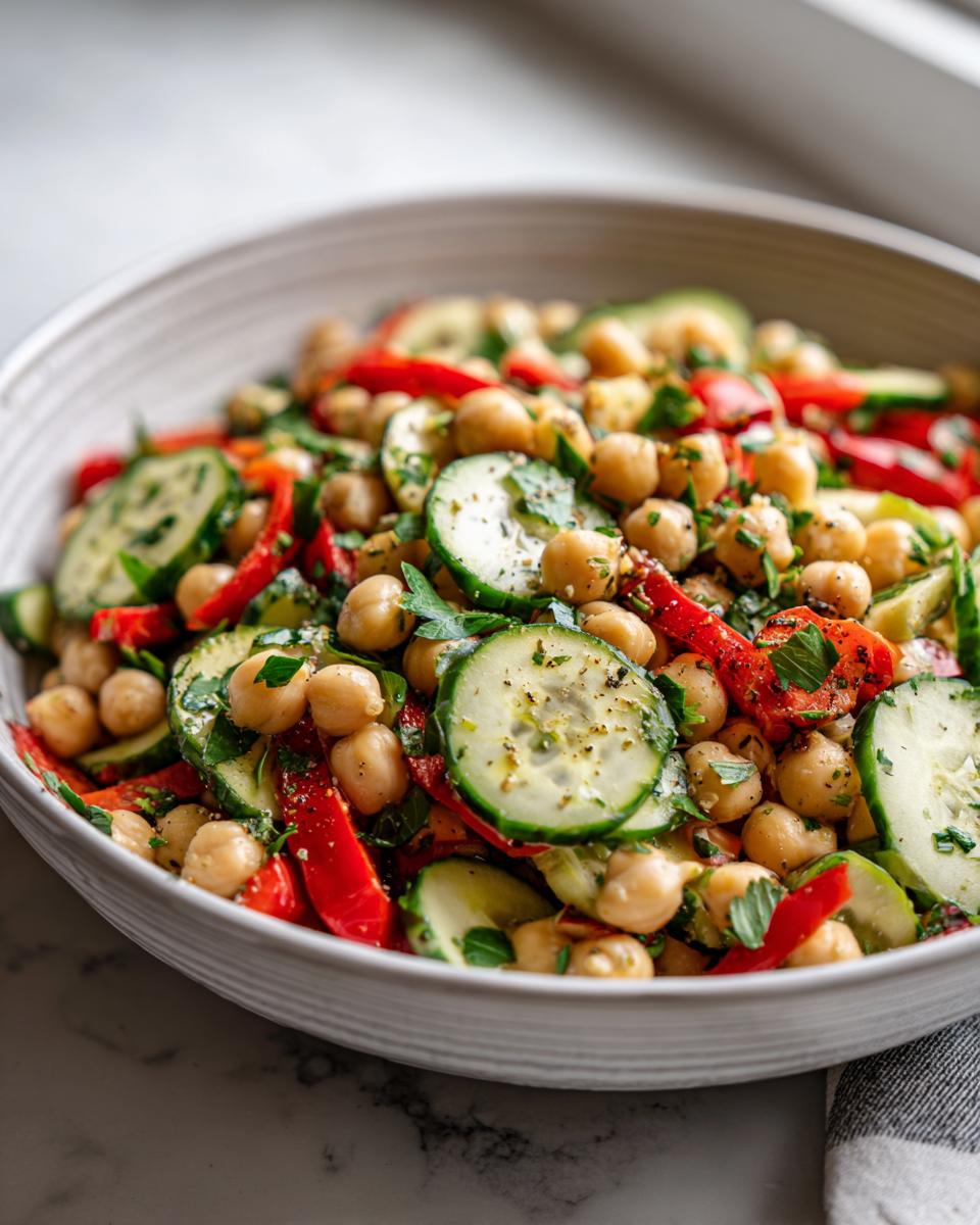 Ensalada de garbanzos saludables con rodajas de pepino, pimientos rojos y hierbas frescas en un bol blanco.
