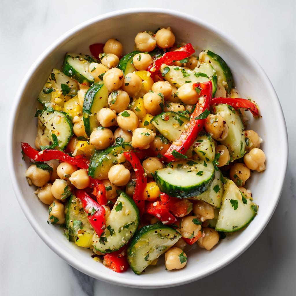 Ensalada de garbanzos saludables con pepino, pimiento rojo y perejil en un bol blanco.