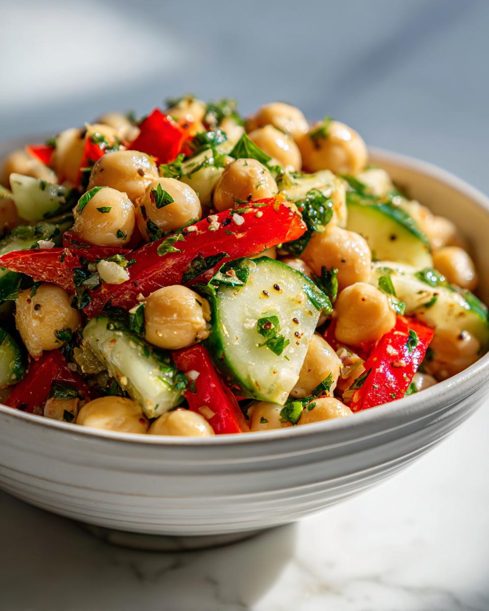 Ensalada de garbanzos saludables con pepino, pimiento rojo y hierbas frescas en un bol blanco