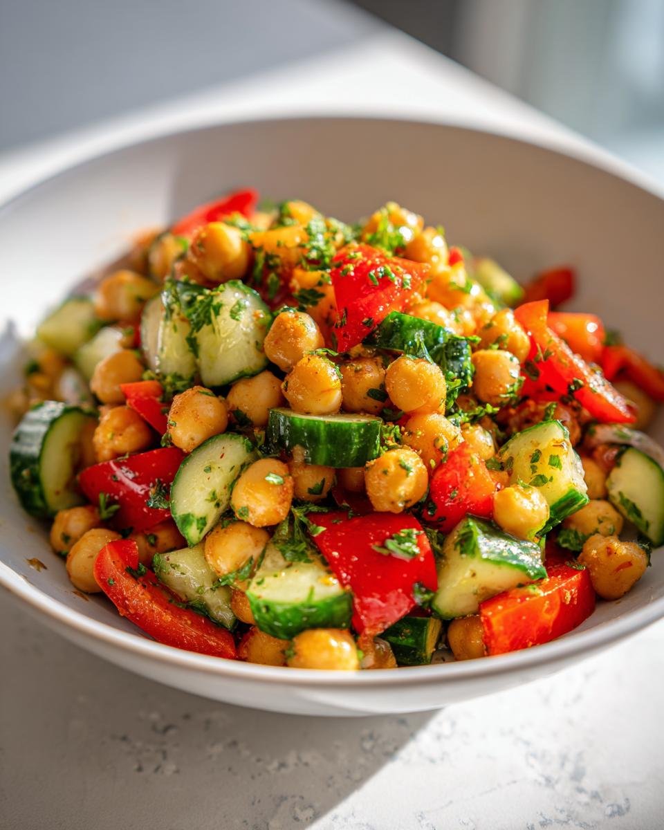 Ensalada de garbanzos saludables con pepino, pimiento rojo y hierbas frescas en un bol blanco