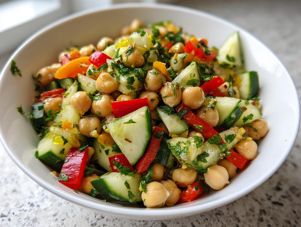 Ensalada de garbanzos saludables con pepino, pimiento rojo y hierbas en un tazón blanco