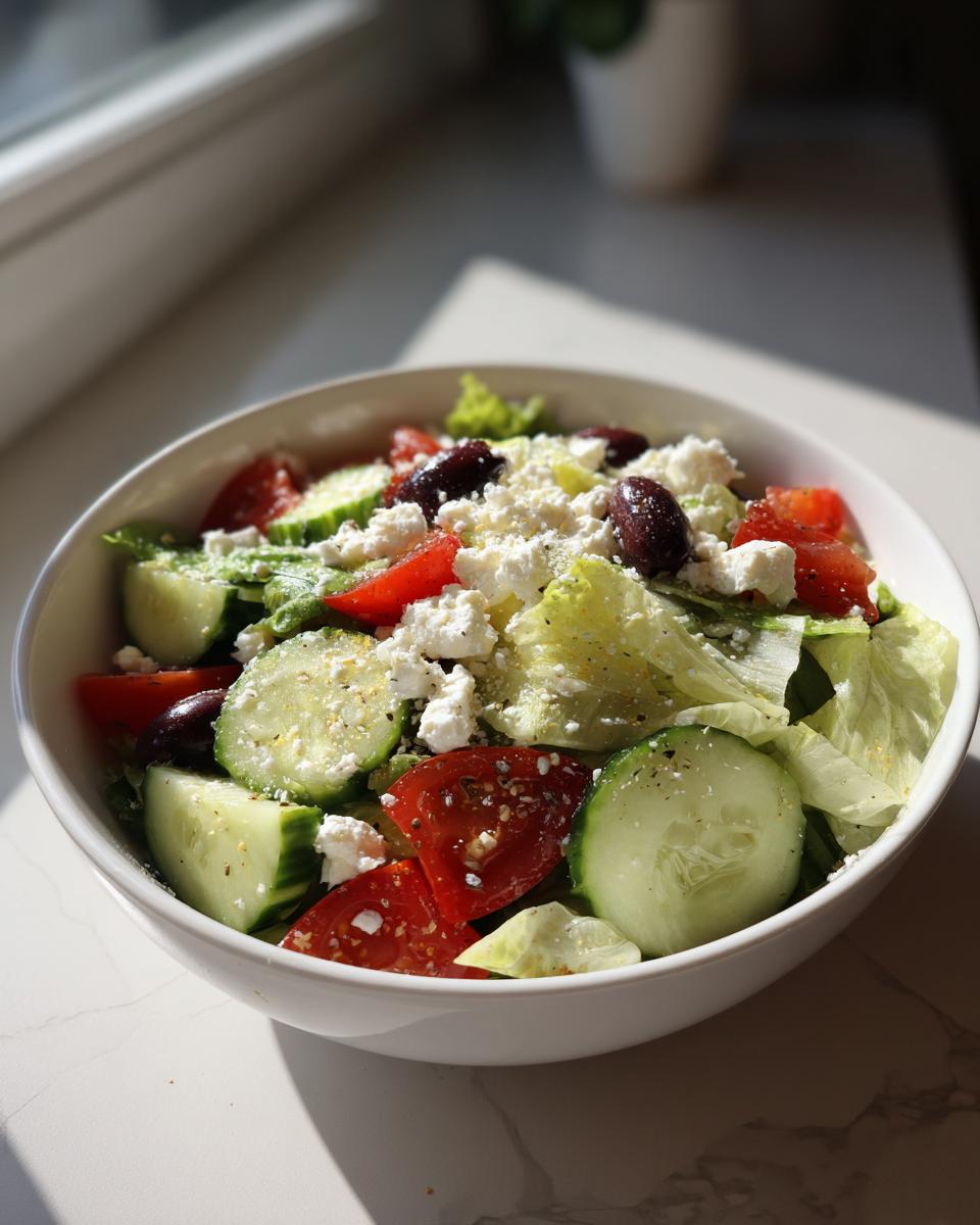Ensalada mediterránea saludable con pepino, tomate, queso feta y aceitunas en un bol blanco.