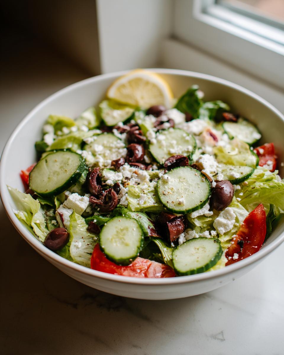 Ensalada mediterránea saludable con pepino, aceitunas, queso feta y tomate en un bol blanco