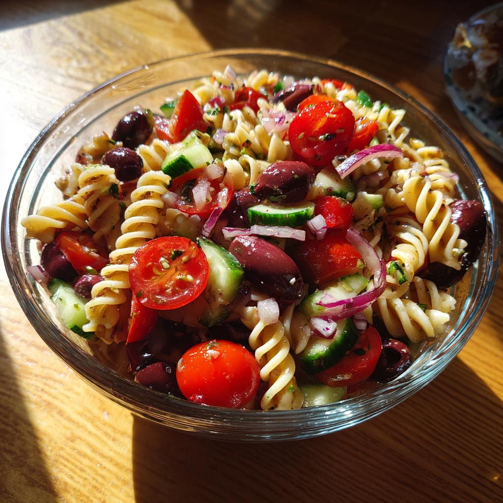 Ensalada de pasta para picnic con pasta fusilli, tomates cherry, aceitunas y pepino en un bol de cristal