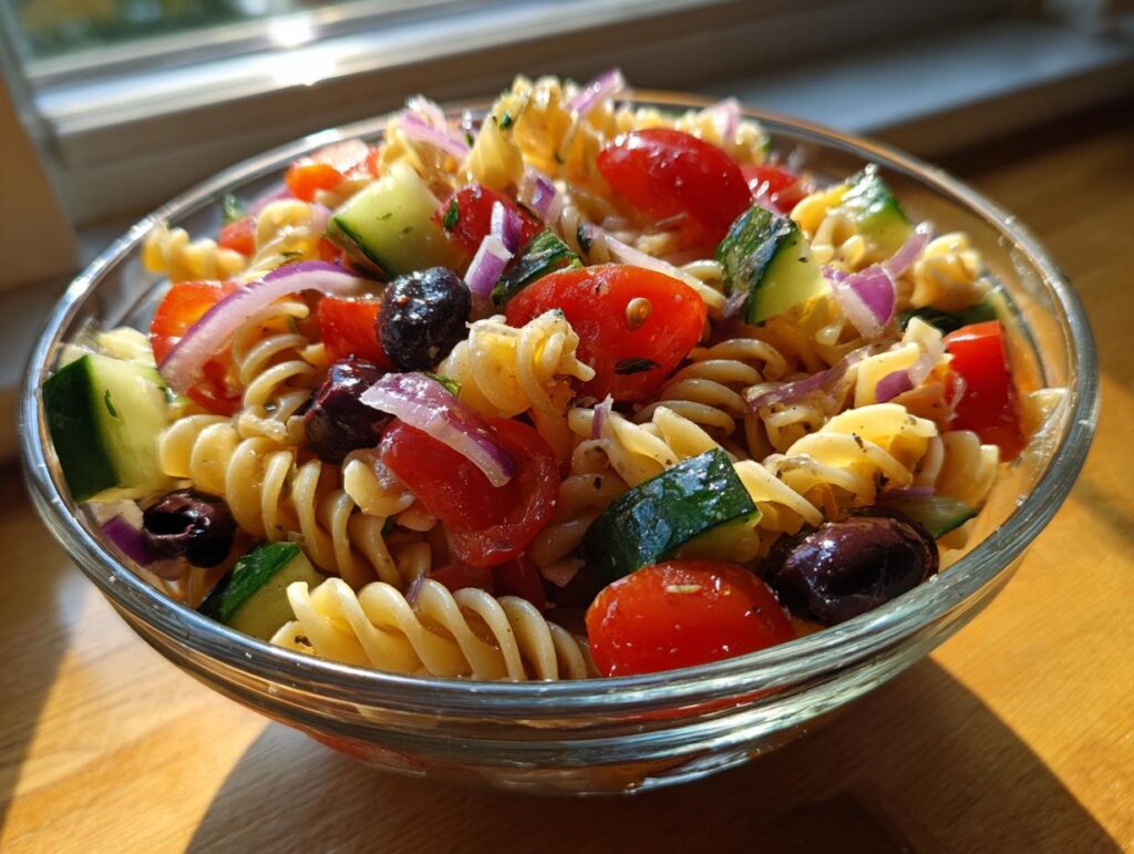 Ensalada de pasta para picnic con pasta fusilli, tomate cherry, pepino, cebolla morada y aceitunas en un tazón de vidrio.