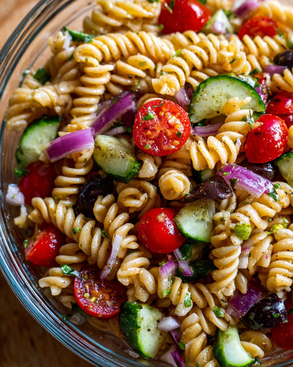 Ensalada de pasta para picnic con pasta fusilli, tomates cherry, pepino y cebolla morada en un bol de vidrio