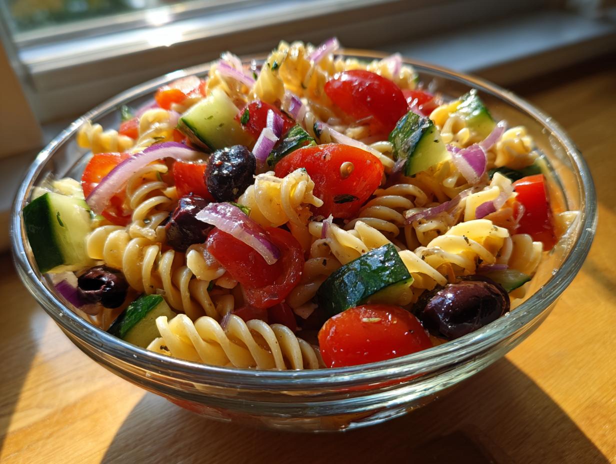 Ensalada de pasta para picnic con pasta fusilli, tomate cherry, pepino, cebolla morada y aceitunas en un tazón de vidrio.