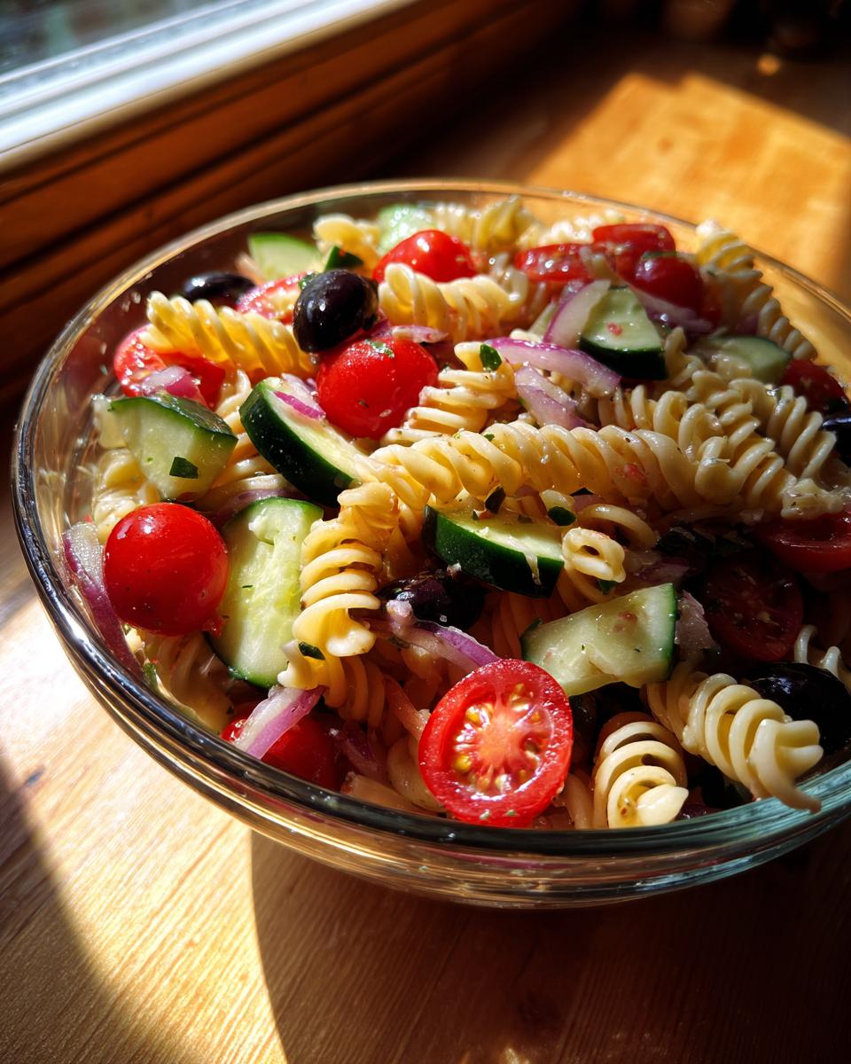 Ensalada de pasta para picnic con pasta fusilli, tomates cherry, pepino, cebolla y aceitunas negras en un bol de vidrio