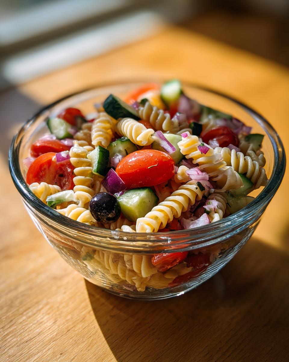 Ensalada de pasta para picnic con pasta fusilli, tomates cherry, pepino, cebolla morada y aceitunas negras en un tazón de vidrio