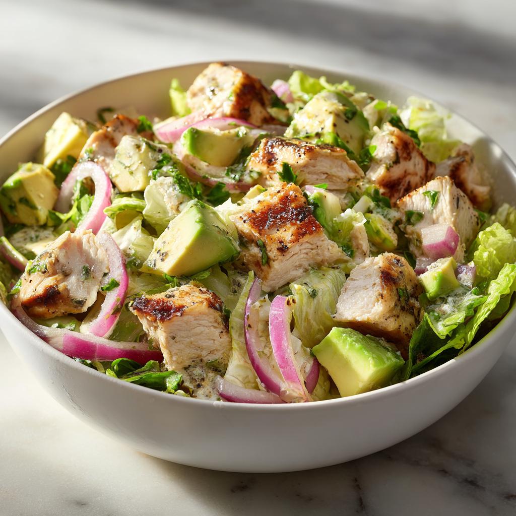 Ensalada fresca con pollo a la parrilla, aguacate, cebolla morada y lechuga, ideal para cenas low carb fáciles