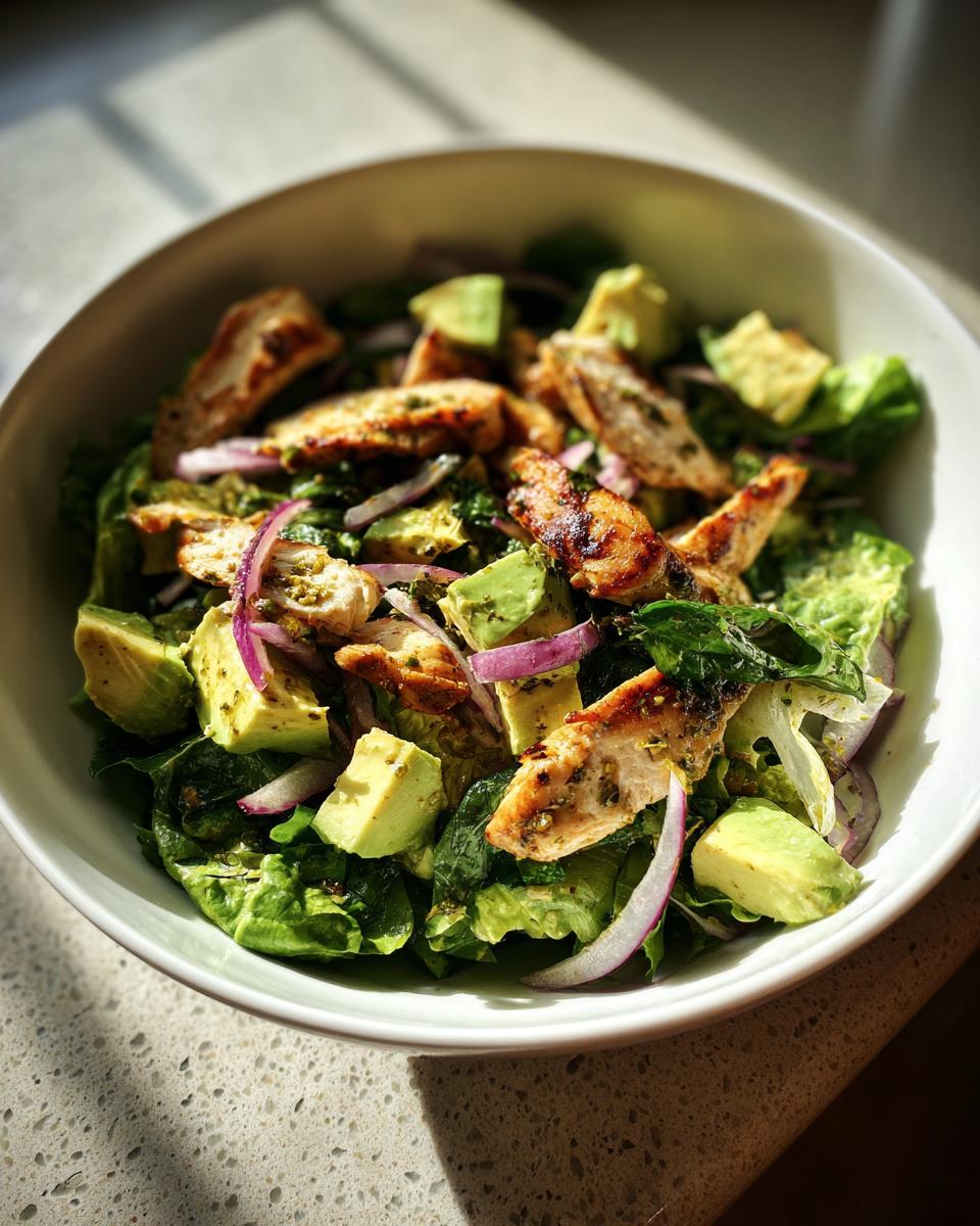 Ensalada fresca con pollo a la parrilla, aguacate, lechuga y cebolla roja en un bol blanco.