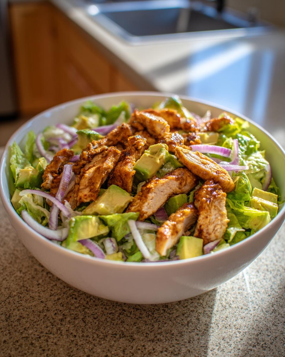 Ensalada con tiras de pollo a la plancha, aguacate, lechuga y cebolla morada en un bol blanco