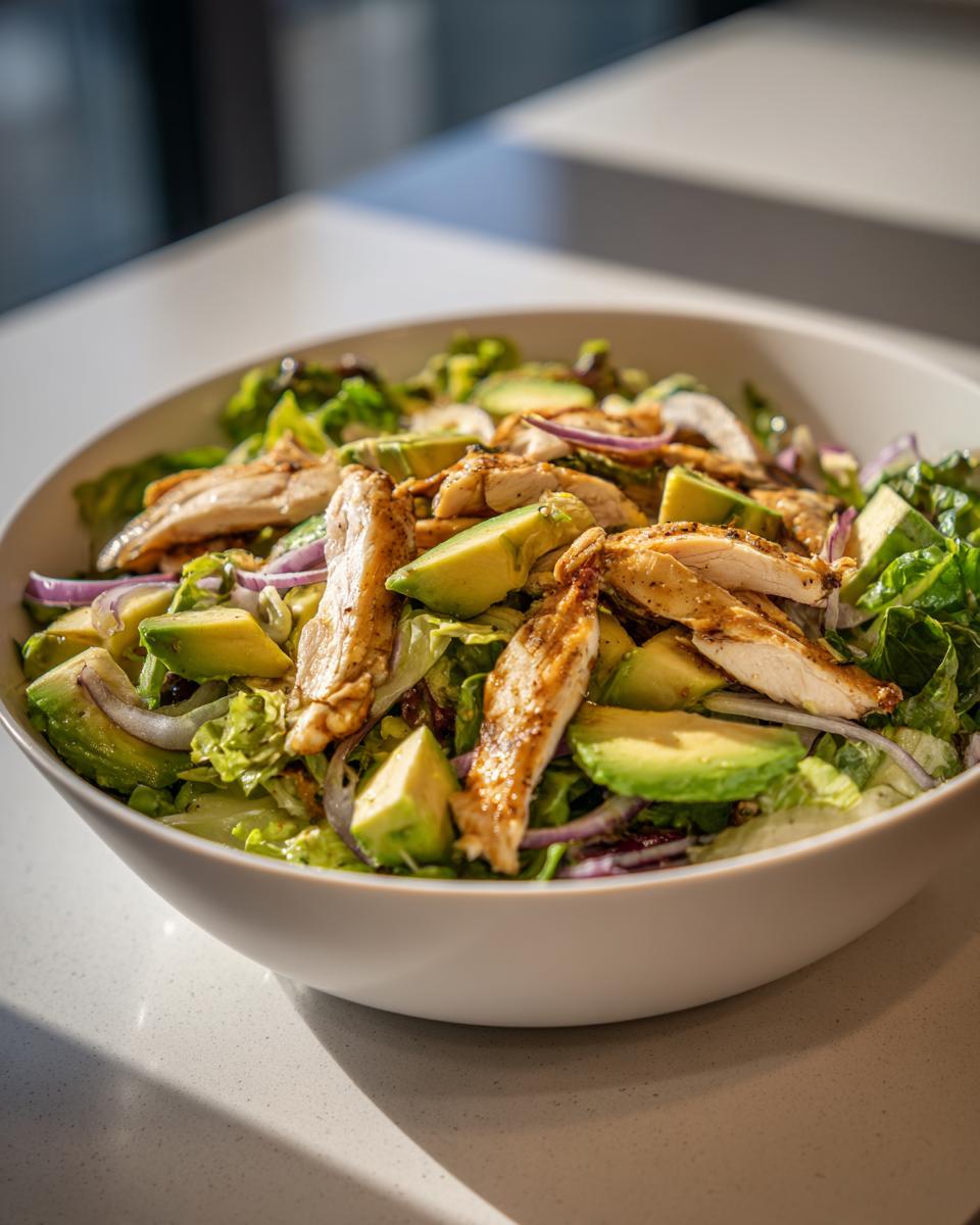 Ensalada fresca con tiras de pollo, aguacate, lechuga y cebolla morada en un bol blanco