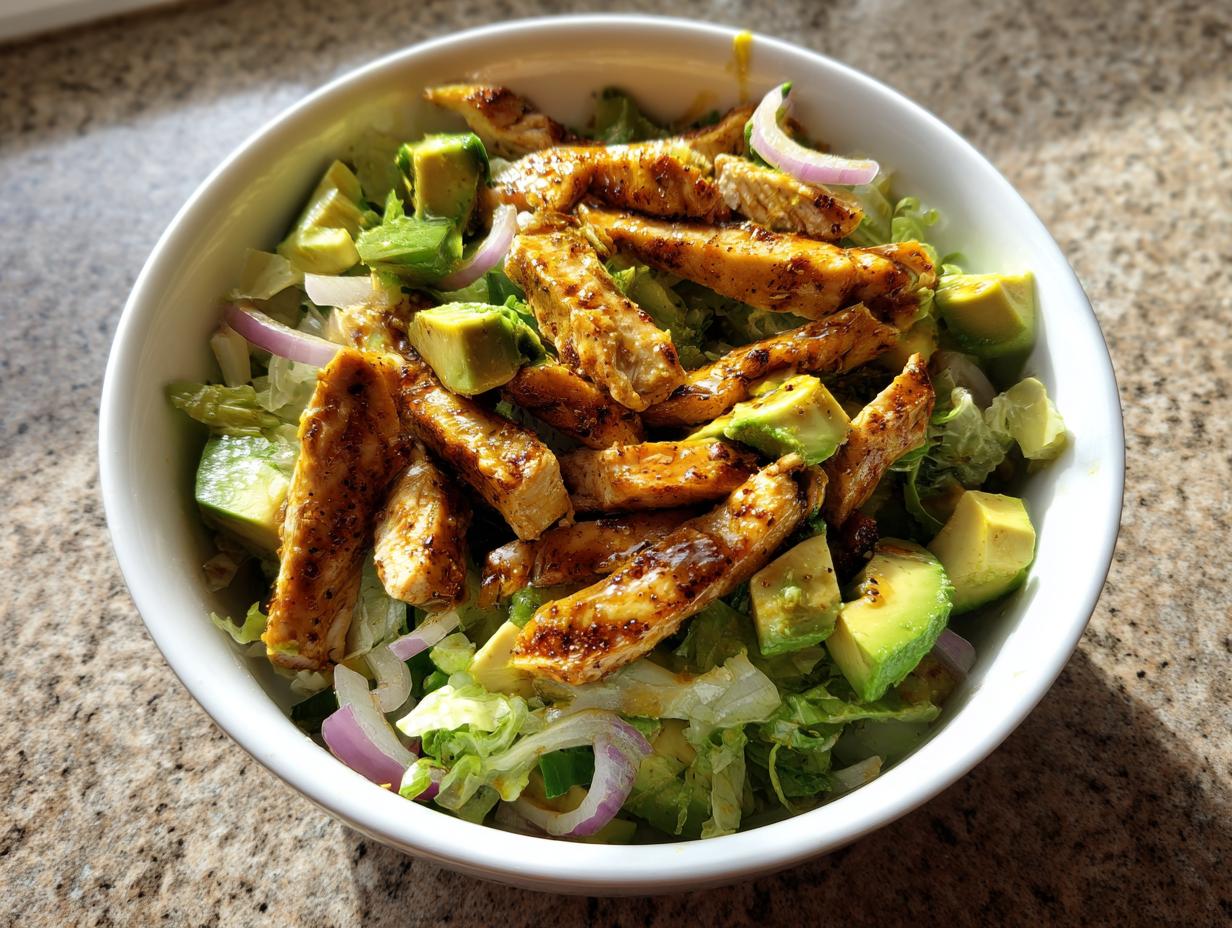 Ensalada fresca con tiras de pollo a la parrilla y aguacate, ideal para cenas low carb fáciles.