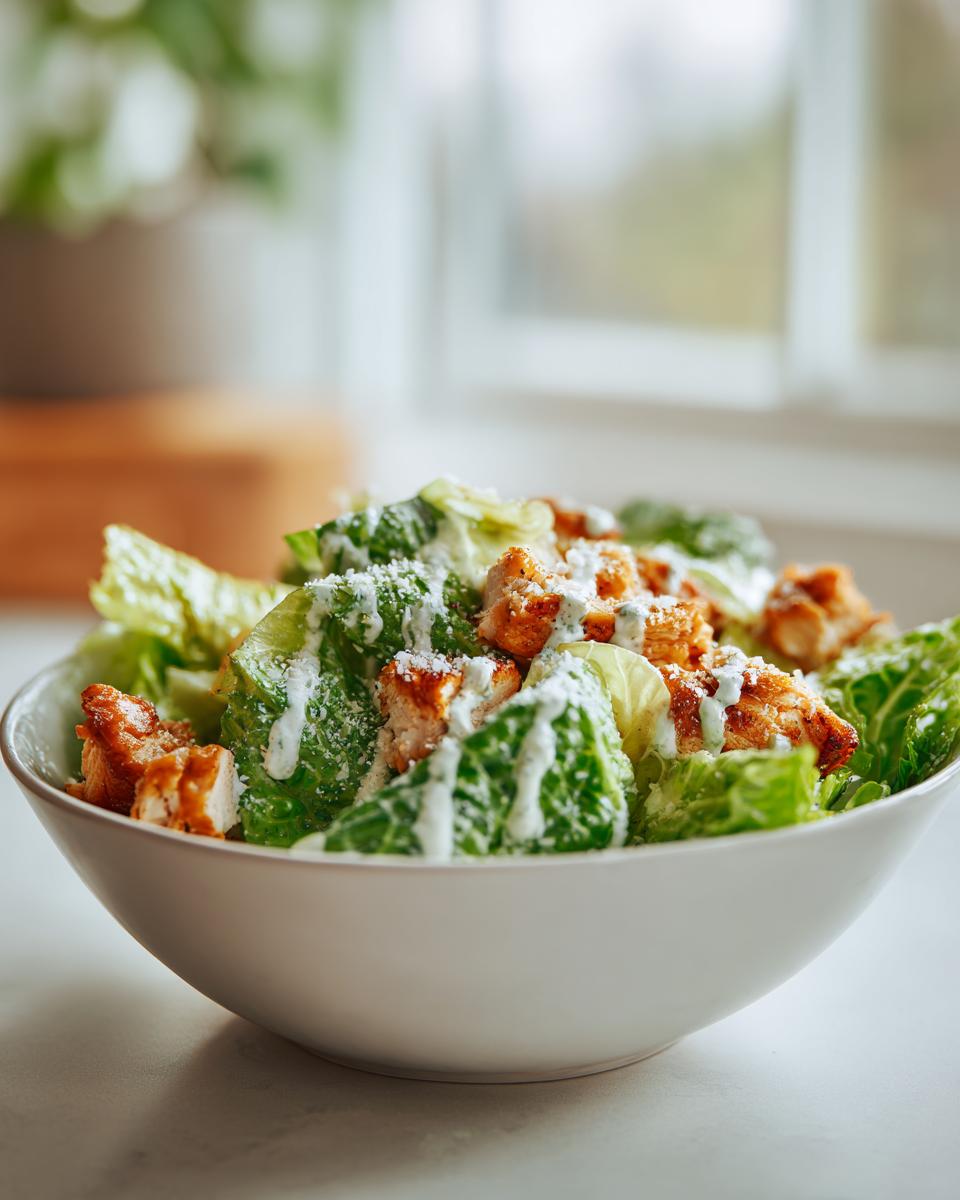 Ensalada fresca con lechuga, pollo a la parrilla y aderezo cremoso en un bol blanco