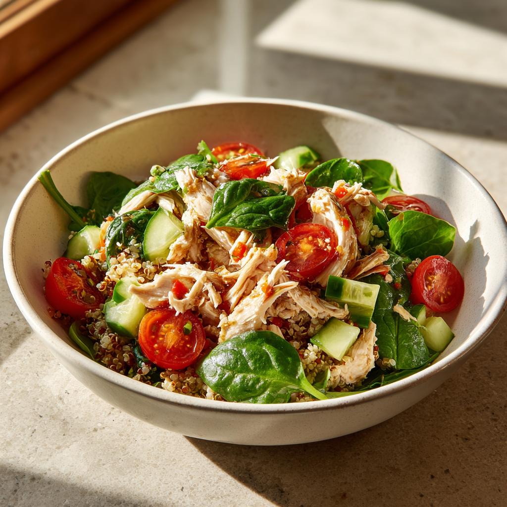 Ensalada con pollo desmenuzado, quinoa, espinacas, tomates cherry y pepino en un bol blanco.